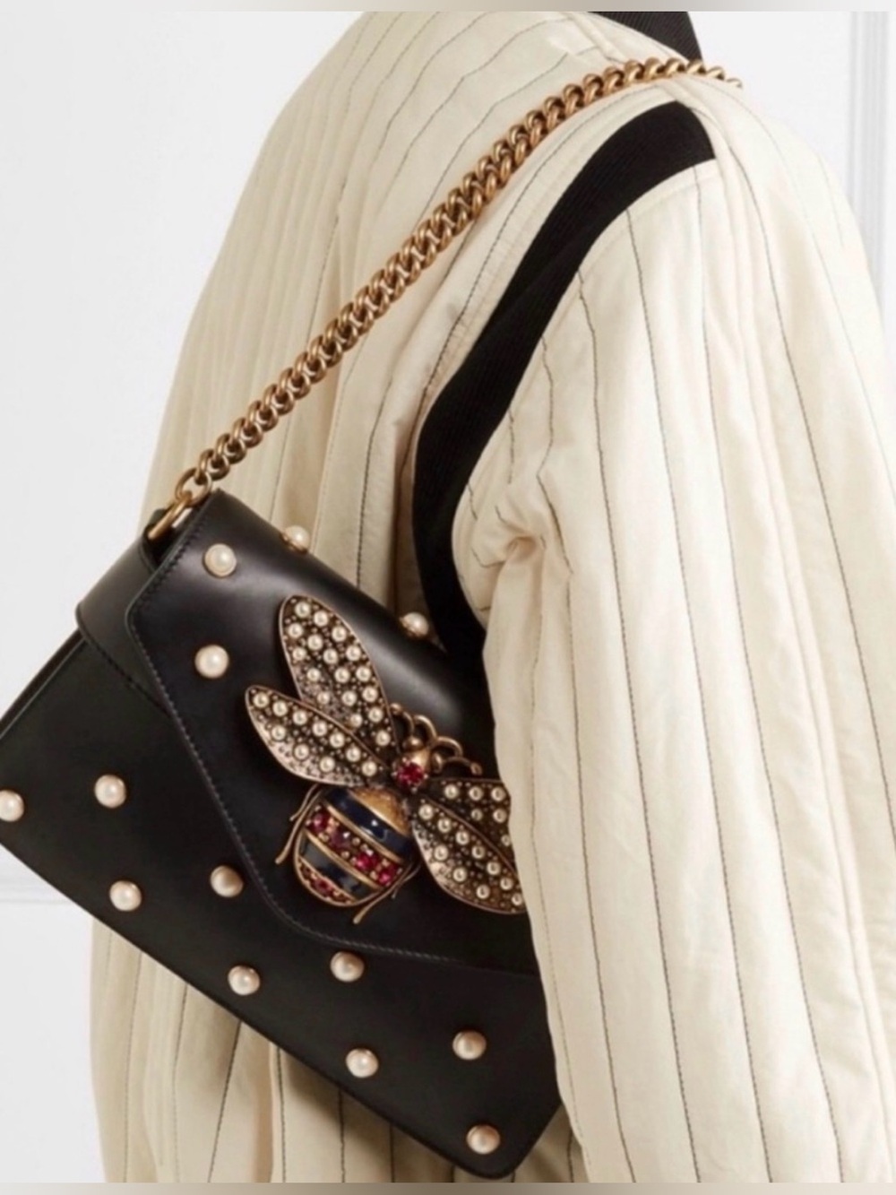 Gucci Queen Margaret Broadway Shoulder HandBag Black Leather Pearl Studded COA